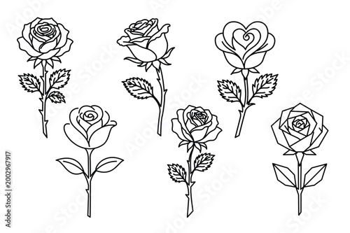 Elegant Rose Outline Vector Set Floral Line Art Collection with Romantic and Geometric Roses Isolated on White Background
