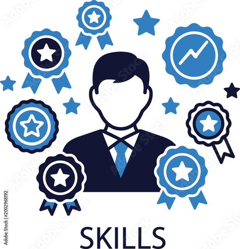 Skills and expertise concept with businessman and awards for professional development and career growth achievement.