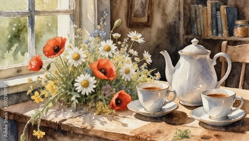Beautiful Watercolor Still Life with White Chamomiles, Red Poppies, and a Cup of Tea