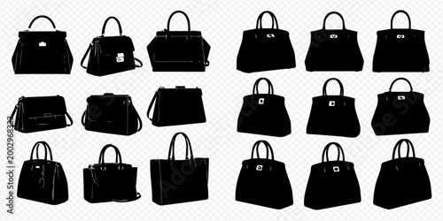 Set of various women's fashion handbags and purses in black silhouette on transparent background.