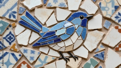 Artistic Close-up of a Blue Bird Made from Ceramic Mosaic Tiles