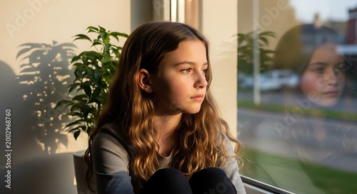 Young girl gazing thoughtfully out of a window.