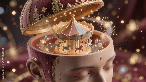 Conceptual Image of a Vintage Carousel Spinning inside a Human Head