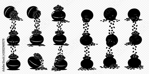 Set of black silhouettes of pots and pouring coins, isolated on a transparent background.
