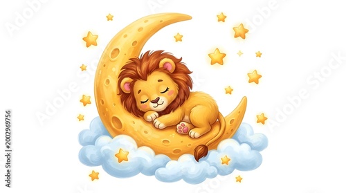 Cute lion cub sleeping on the moon clip art adorable illustration for children's designs dreamy concepts