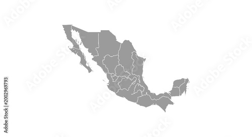 Gray halftone map of mexico with state borders
