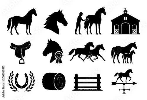 Horse Culture and Equestrian Lifestyle Silhouette Icon Set – Stable Grooming Saddle Heritage Collection