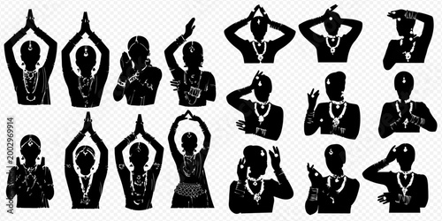 Set of Indian classical dance mudras and poses in silhouette style, depicting various hand gestures and body postures for traditional performances.