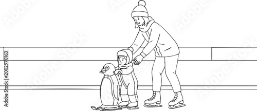 Line art illustration of a mother teaching her young child to ice skate with a penguin helper, depicting family fun and winter sports activities.