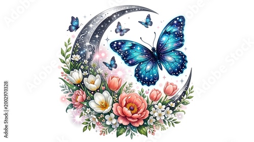Elegant butterfly and floral clip art design watercolor style for scrapbooking and digital art projects