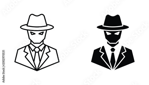 Mysterious secret agent in fedora hat and suit illustration set featuring line art and bold solid silhouette styles for espionage and crime mystery graphic design