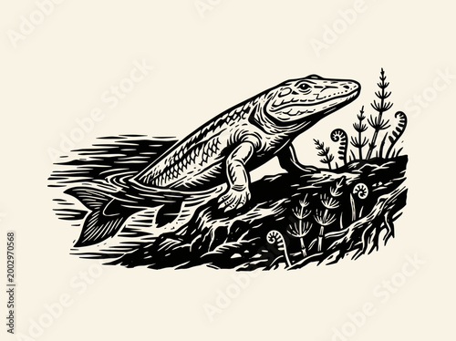 Tiktaalik Prehistoric Fish Evolution: Linocut Style Vector Illustration of Amphibious Creature Crawling onto Land