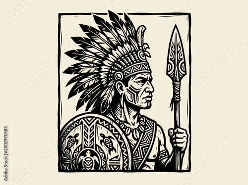Tribal Warrior Chieftain: Linocut Illustration of Indigenous Islander Man with Spear and Shield