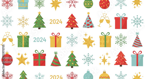 Seamless Pattern of Christmas Icons and New Year 2024 Elements