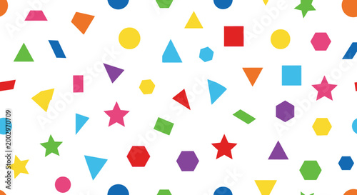Seamless Pattern of Colorful Geometric Shapes on White Background