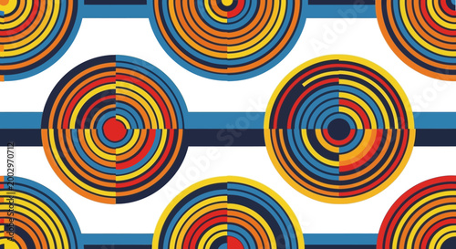 Seamless Pattern of Colorful Concentric Circles and Horizontal Stripes