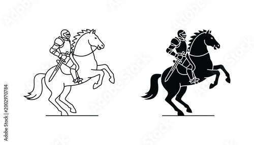 Valiant medieval knight riding a rearing horse vector illustration with armor and sword depicting heroism