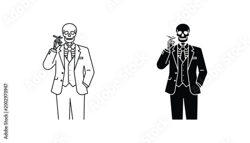 Skeleton in suit smoking cigarette minimalist vector illustration set on white background