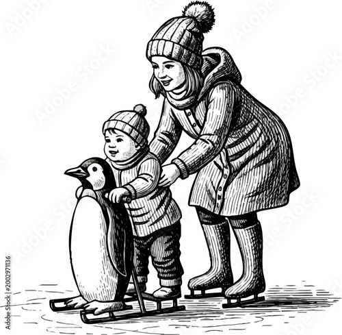 Mother and child ice skating on a frozen pond with a penguin toy