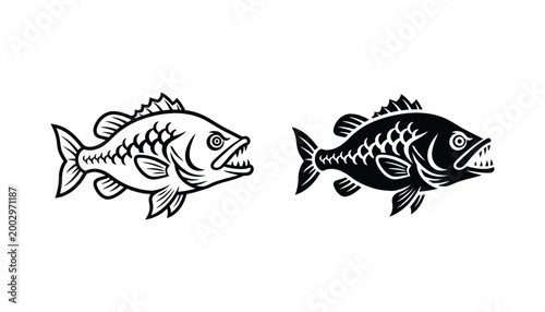 Predatory fish with sharp teeth side profile vector icon set