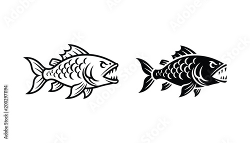 Aggressive piranha fish with sharp teeth vector icon set