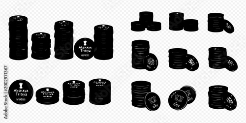 Set of black and white silhouettes of poker chips or game tokens, showing various stacks and arrangements.
