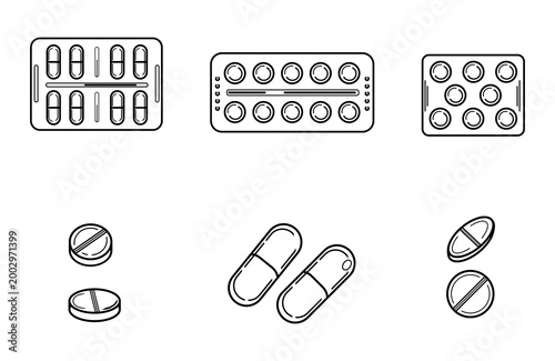 Minimalist Medical Medicine and Pills Outline Icon Set. Blister packs and capsules vector.