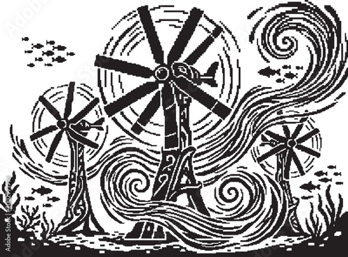 High contrast tidal power illustration featuring kinetic sculptures