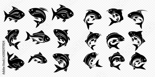 Set of various black and white fish silhouettes, including carp and other freshwater species, in different swimming poses, isolated on a transparent background.