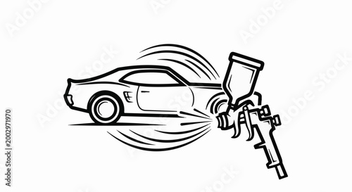 Stylized car receiving a fresh coat of paint from a spray gun