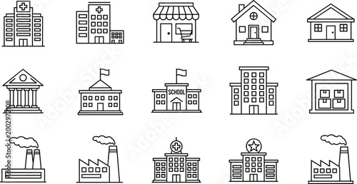 Public buildings line icon set hospital school shop house government and industrial structures vector illustration collection