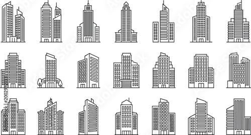 City buildings line icon set modern skyscrapers and office towers vector collection urban architecture illustration