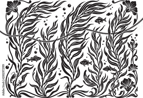 High contrast kelp forest illustration featuring ocean life