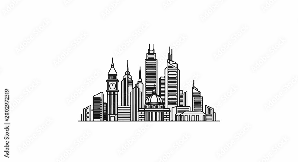 Fototapeta premium Stylized cityscape with diverse architectural styles and varying building heights