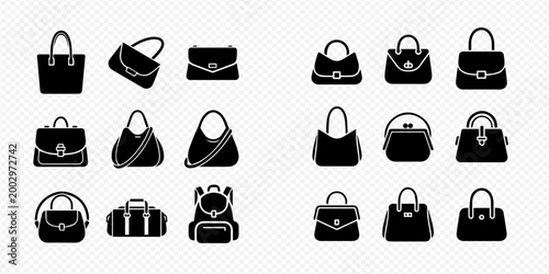 Set of black silhouette handbags, purses, and bags icons on a transparent background, showcasing various styles and designs for fashion accessories.