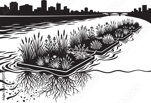 High contrast floating wetland illustration featuring urban river