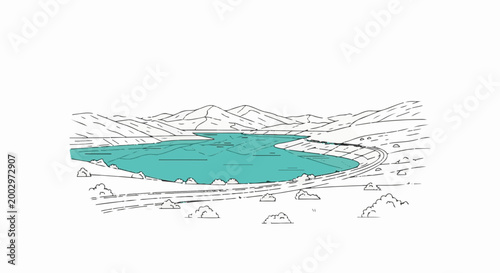 Stylized line art illustration of a serene lake surrounded by rolling hills and mountains