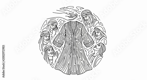 Stylized illustration of a garment surrounded by faces and hands