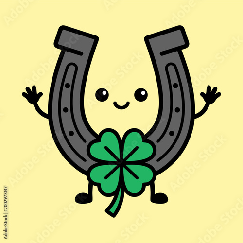 Lucky horseshoe and four leaf clover character with horseshoe character illustration