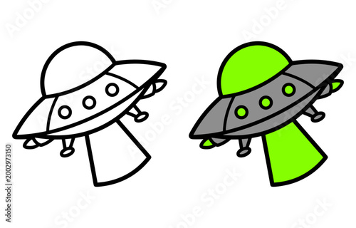 Unidentified flying object (ufo) line art and colored illustration with sci fi, spacecraft