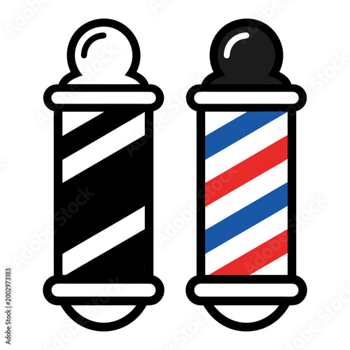Two barber poles one black and white striped one red white blue with a graphic representat