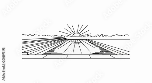 Stylized illustration of a sunburst over a city skyline with a vanishing perspective path