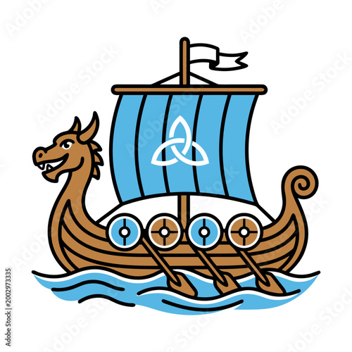 Cartoon viking longship with dragon head and blue sail, the boat is depicted sailing