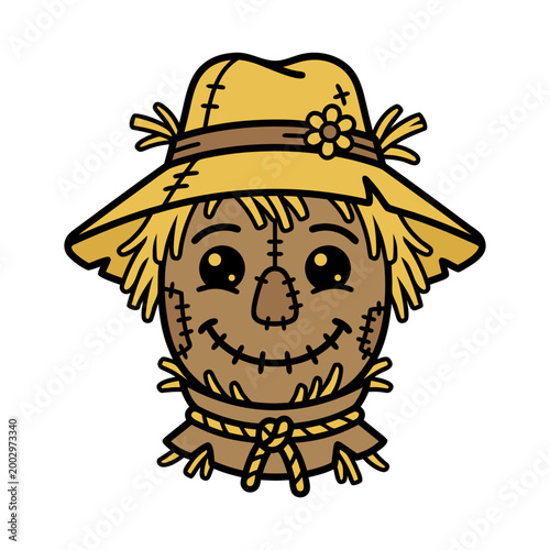 Friendly cartoon scarecrow face with hat, autumn graphic, the face is stitched