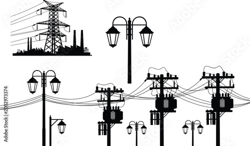Utility poles street lamps and power transmission tower silhouettes set electricity distribution urban infrastructure vector illustration