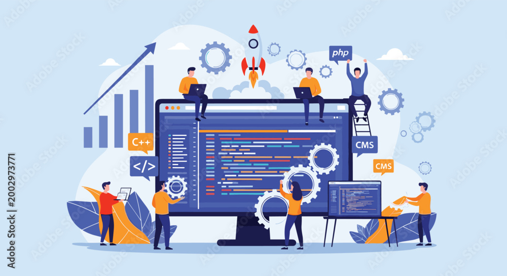 Obraz premium Group of software developers working together to build a website and application with coding elements and rocket launch symbols for growth.