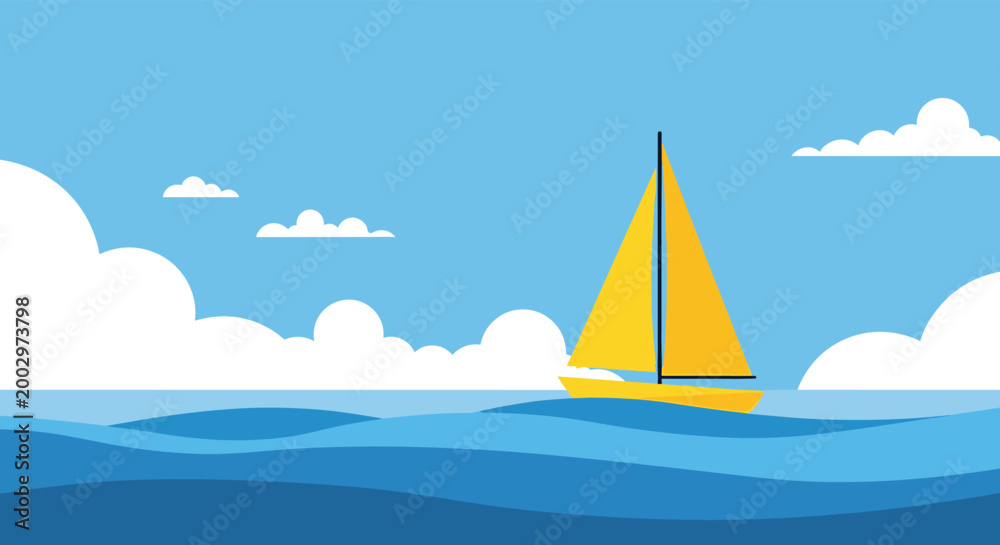 Naklejka premium Simple and serene vector illustration of a yellow sailboat gliding across calm blue ocean waves under a clear sky with soft white clouds.