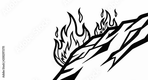 Stylized flame graphic with sharp geometric shapes against a white background