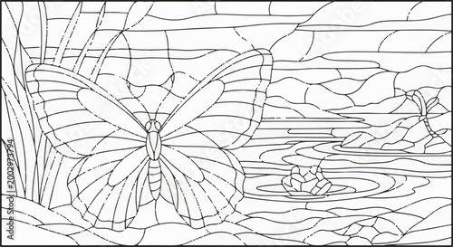 Stained glass design of a butterfly near reeds and a tranquil pond with lily pads