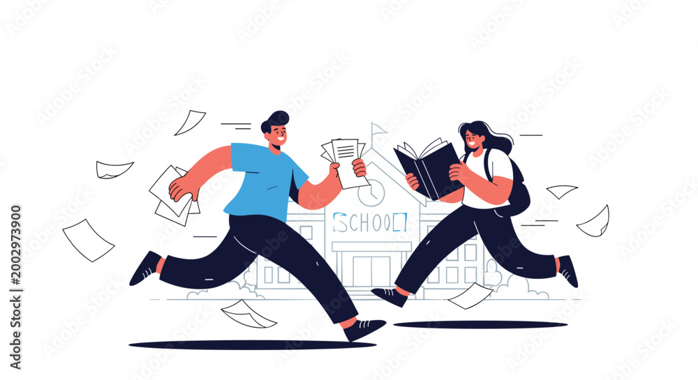 Obraz premium Happy male and female students running excitedly toward their school building with books and papers flying in the air after a long break.